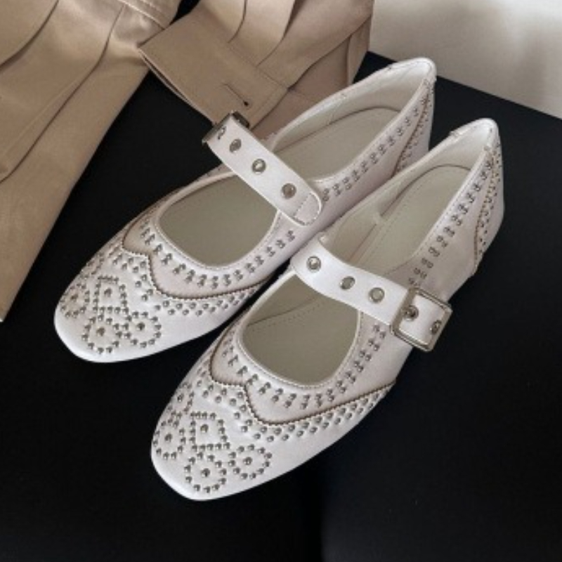 Women Shoes Branded - Retro Rivet Buckle Design Flats Women