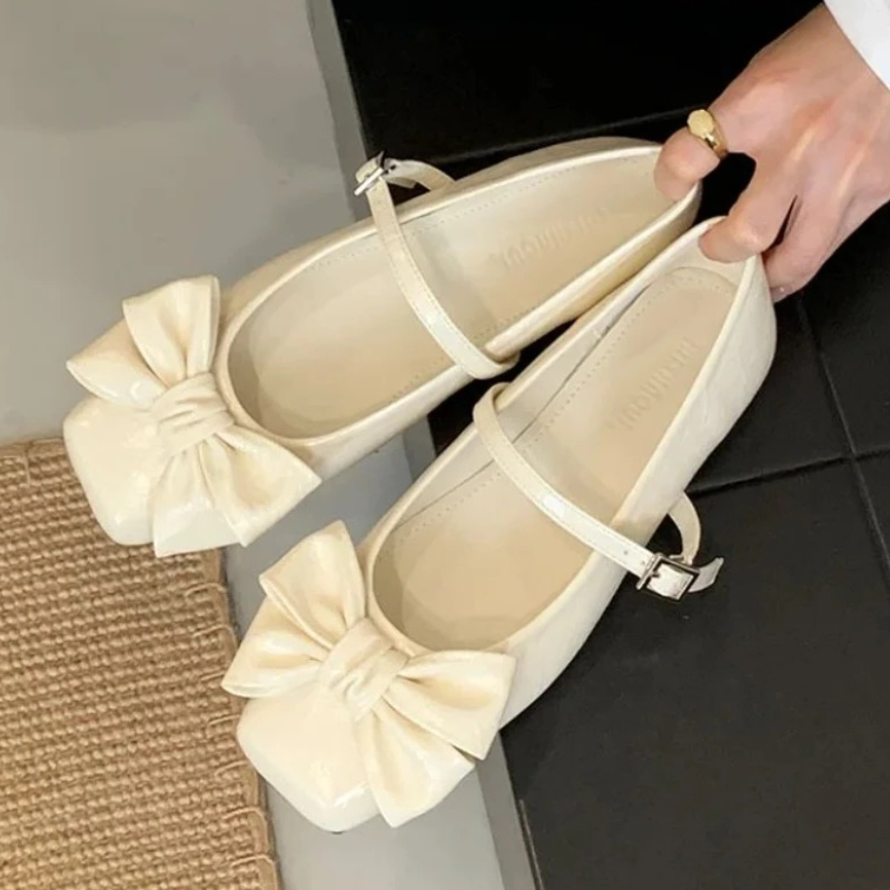 Women Shoes Branded - Cute Bowknot Square Toe Design Gold