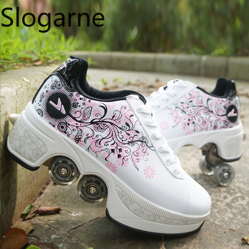 Women Shoes Size To Men - Women 4 Wheels Deformation Roller Skates