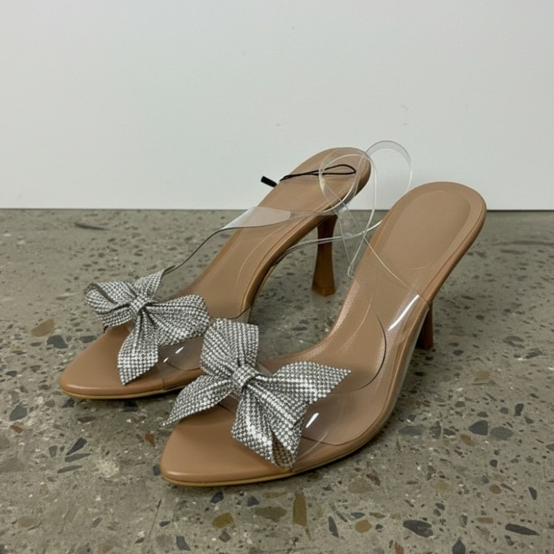 Clear Strap Heel - Clear PVC Rhinestone Bow Heels Women