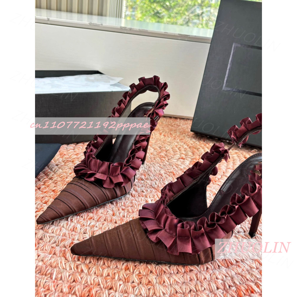 Women'S Shoes Burgundy - Slingback Heels Burgundy Pleated Satin Ruffle