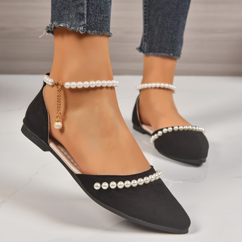 Women Shoes Elegant - Pearl Decor Pointed Toe Flats Suede